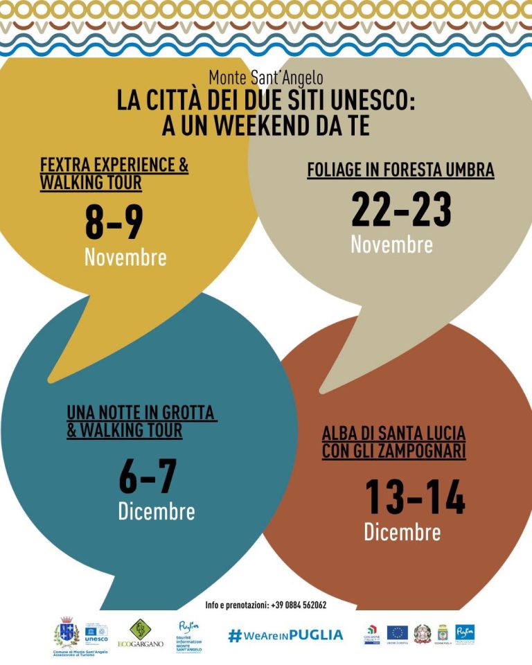 “LA CITTÀ DEI DUE SITI UNESCO: A UN WEEKEND DA TE”, AL VIA LE ATTIVITÀ GRATUITE A MONTE SANT’ANGELO CON L’INFO POINT